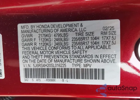 2025 Honda Cr-V Lx Awd из США, поврежденный, VIN 5J6RS4H20SL016225